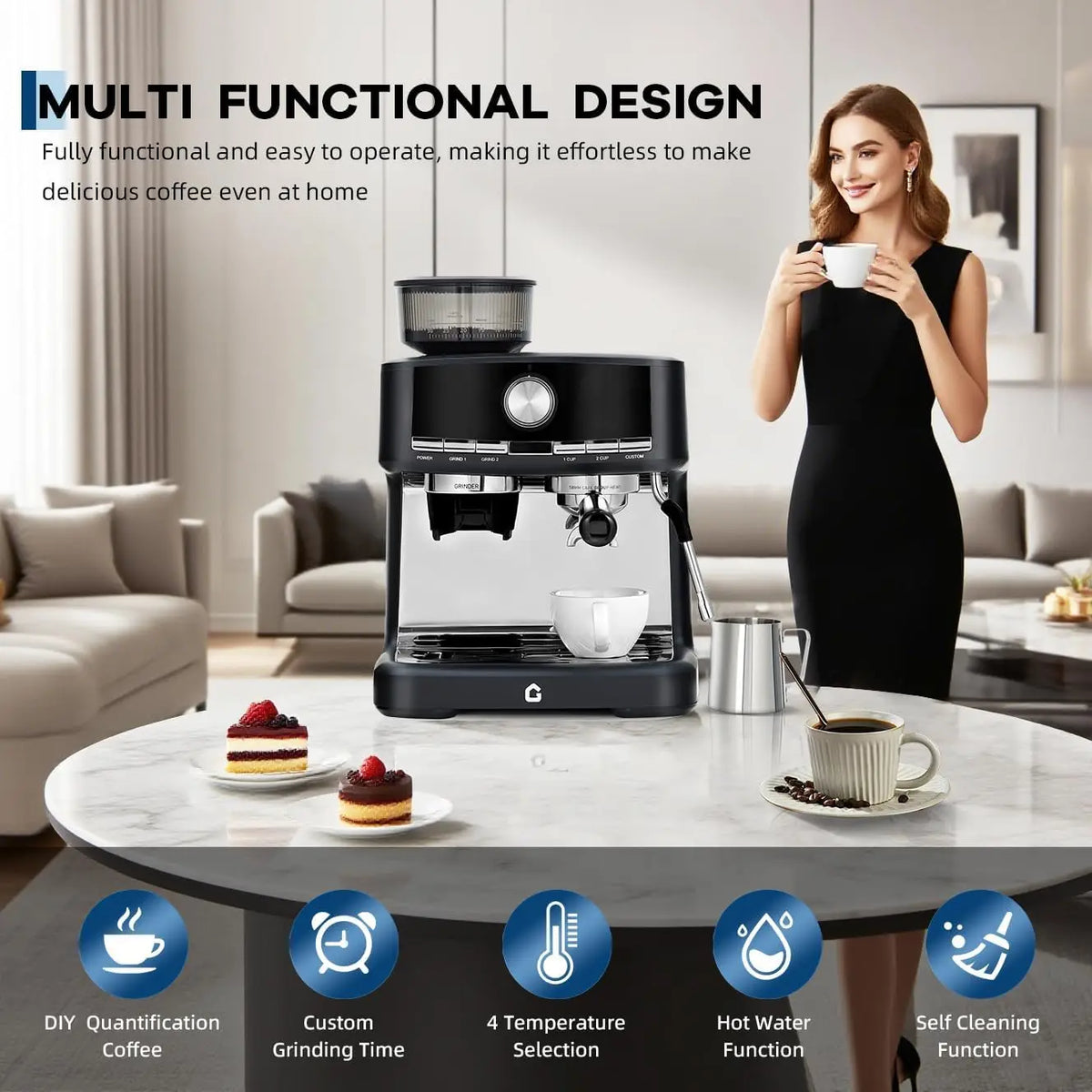 Stainless Steel Espresso Machine with Grinder – 20 Bar, Metal Die-Cast Brew Head, 30 Grind Settings, Integrated Boiler & Steam Wand, 1.5L Removable Tank
