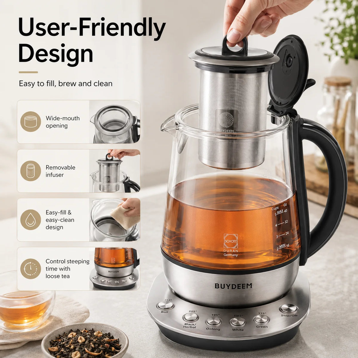 BUYDEEM Tea Maker Electric Kettle, 1.2L Glass Tea Kettle with Removable Infuser, 5 Temperature Settings, 316 Stainless Steel Heating Plate, Auto Keep Warm, Boil Dry Protection for Green Black Herbal Tea