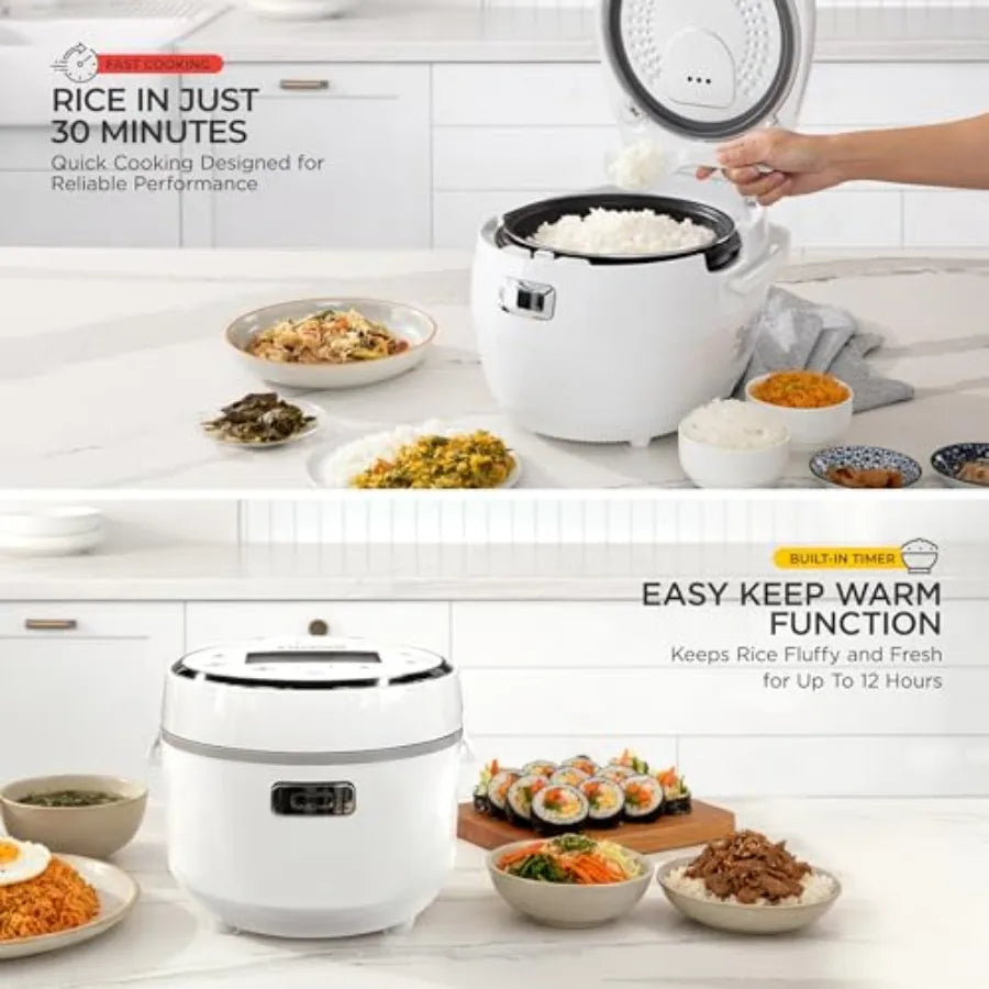 Micom Fuzzy Logic Rice Cooker for home kitchen use, white plastic and stainless steel, 20-cup cooked capacity with precise temp