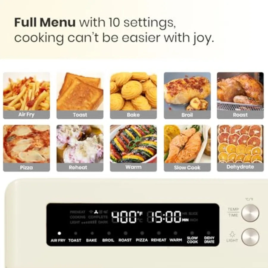 Retro countertop air fryer toaster oven, enamel-coated, black, 10-in-1 versatility with easy-clean baking pan and recipe book