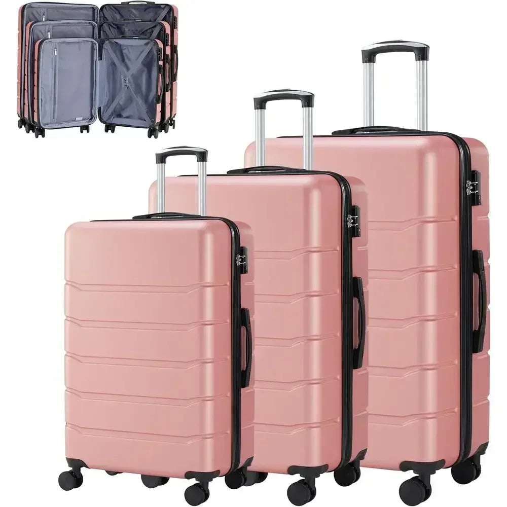 3-Piece Large Suitcase Set with Double Spinner Wheels, TSA Lock, Expandable Hard Shell Luggage in Pink