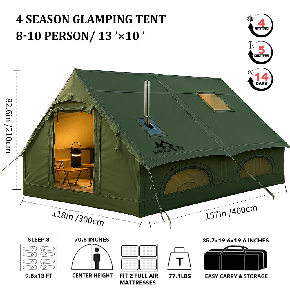 SENLEETO 129 Square Feet Inflatable Glamping Tent 4-8 Person for Camping,4 Season Blow up Tent with Stove Jack&AC Vent,Easy Setup Air Tent with High Pressure Pump