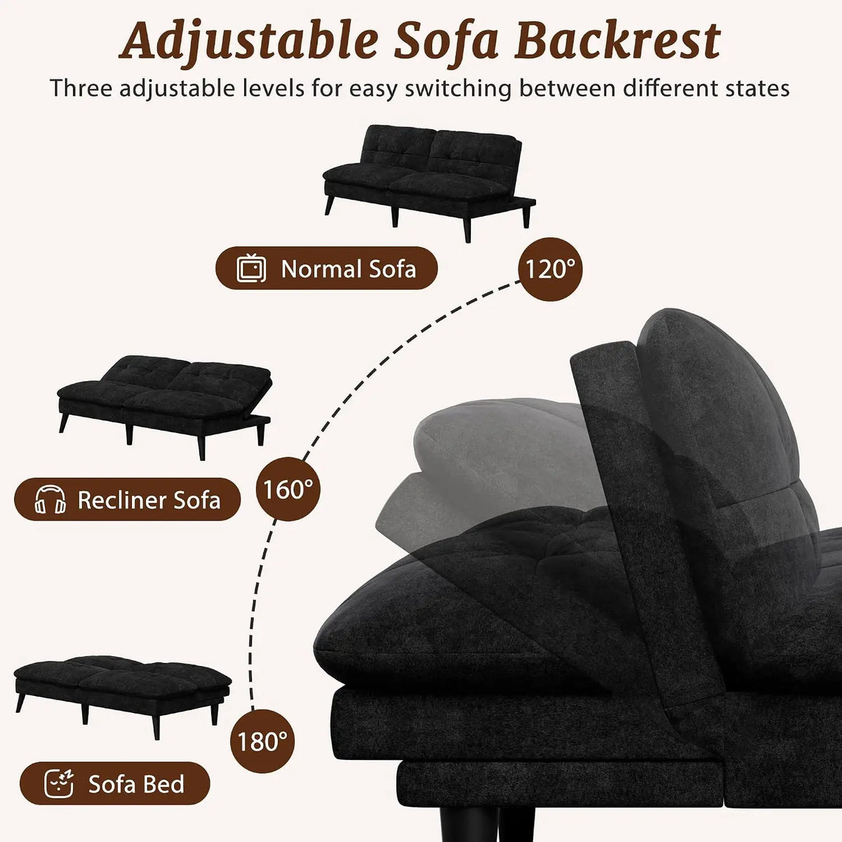 Futon Sofa Bed, Foldable Small Velvet Couch Bed with Adjustable Recliner, Space Saving 2 in 1 Sofa for Living Room, Apartment, or Guest Room, Black