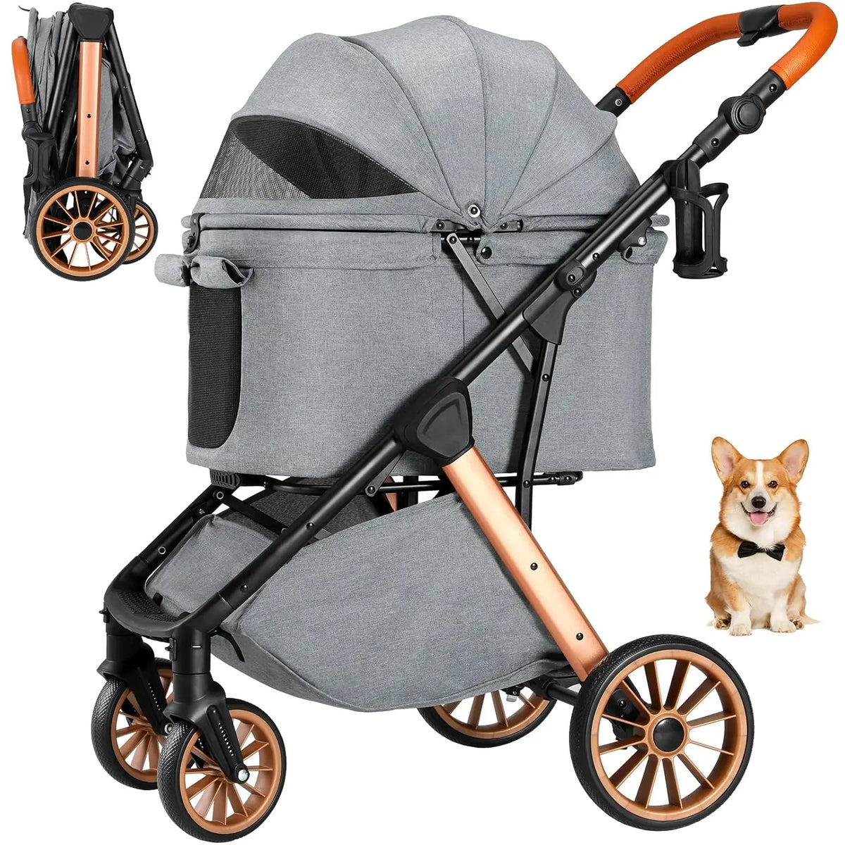 Foldable Dog Stroller for Medium Small Dogs Cats Up to 55 Lbs(25kg), Aluminum,Carbon Steel Frame Pet Stroller, Height-Adjustable