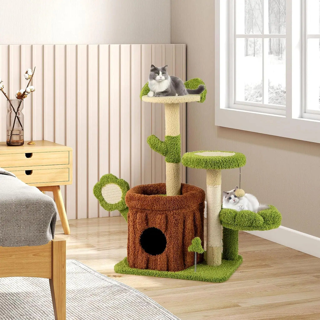 Cute Cat Tree Green Forest, 36 Inch Aesthetic Cat Tower with Sisal Scratching Posts & Board, Trunk Condo, Flower Perch, Plush Napping Bed, Pompom, Spring Toy, Platforms for Indoor Cats