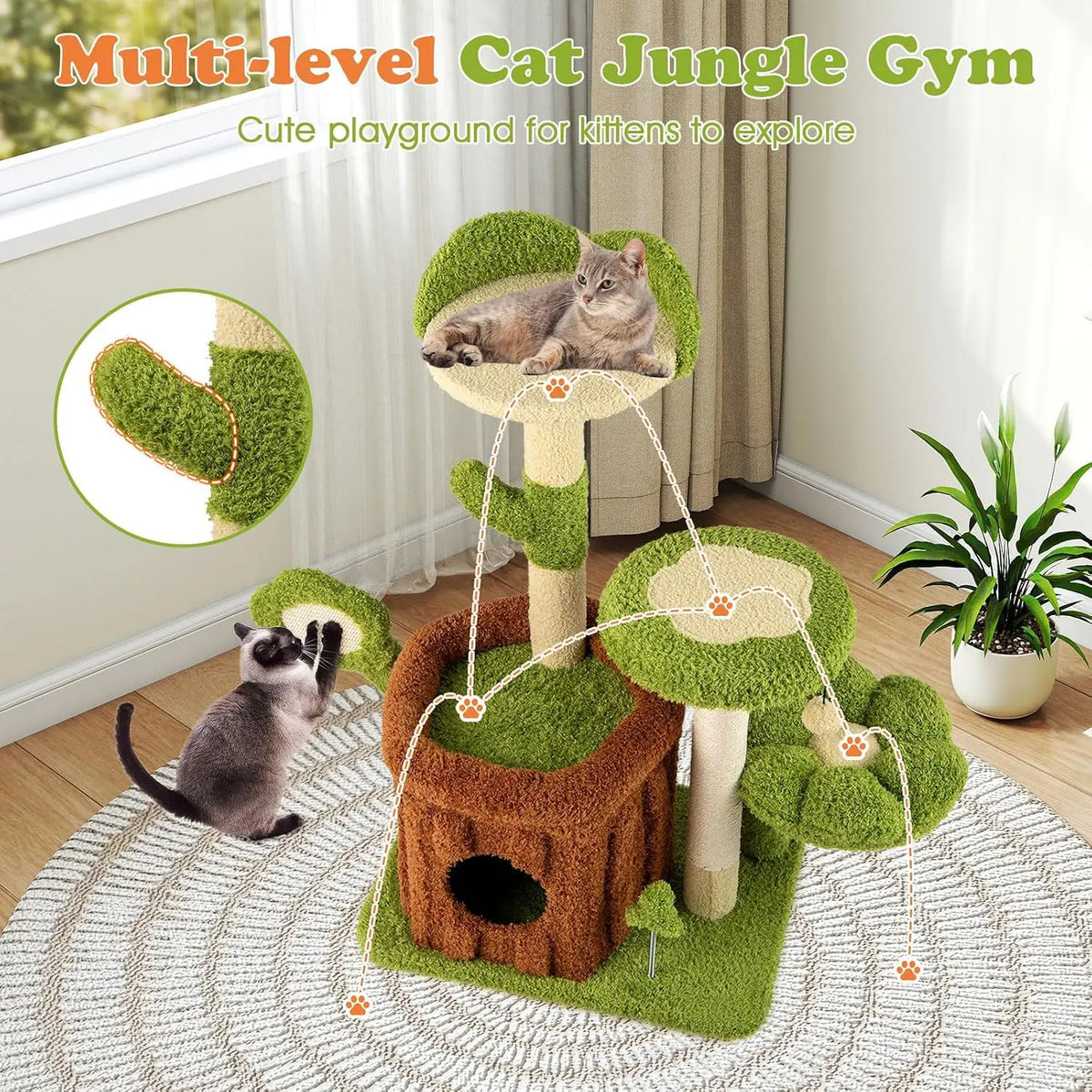 Cute Cat Tree Green Forest, 36 Inch Aesthetic Cat Tower with Sisal Scratching Posts & Board, Trunk Condo, Flower Perch, Plush Napping Bed, Pompom, Spring Toy, Platforms for Indoor Cats