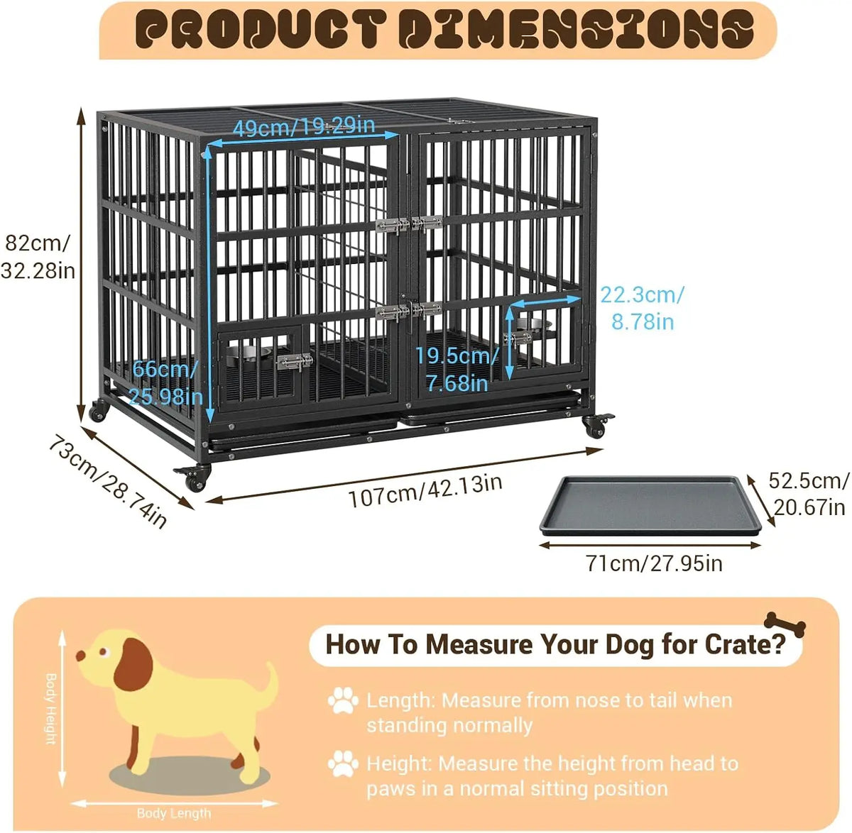 Metal Heavy Duty Dog Crate for Dogs Large Dog Cage with Removable Tray Easy Assemble Dog Kennel with Double-Latch Locks
