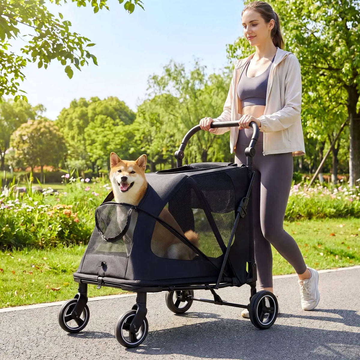 Pet Stroller for Medium & Large Dog, Foldable Dog Stroller for 2 Dogs 30kg, All Terrain Dog Wagon Stroller with Dual Entry