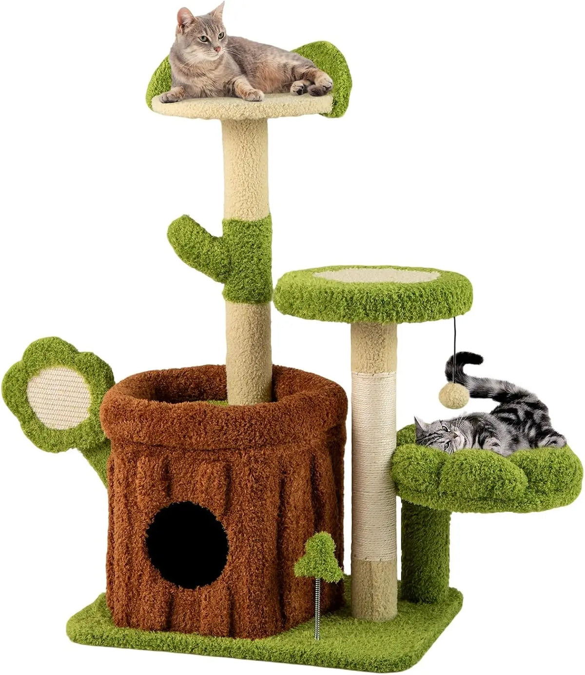 Cute Cat Tree Green Forest, 36 Inch Aesthetic Cat Tower with Sisal Scratching Posts & Board, Trunk Condo, Flower Perch, Plush Napping Bed, Pompom, Spring Toy, Platforms for Indoor Cats