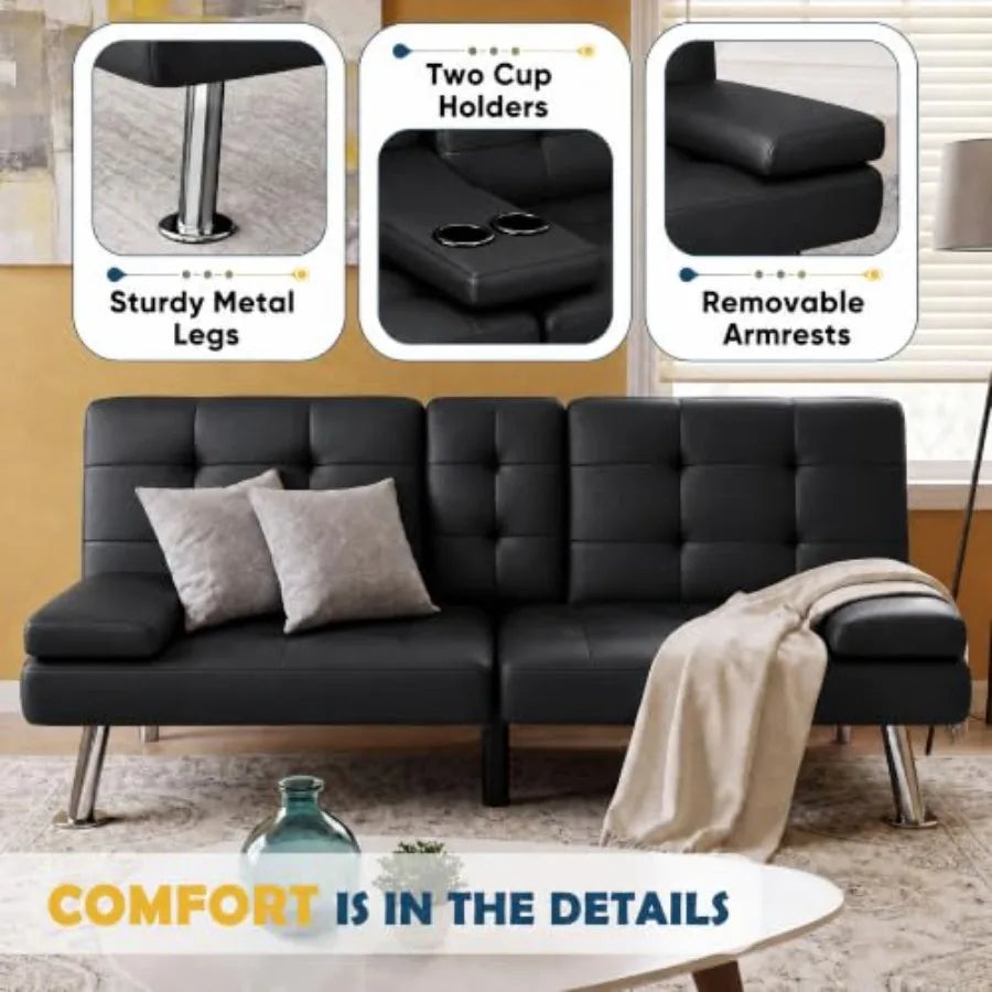 Leather Futon Sofa Bed for Living Room, Brown Genuine Leather, Adjustable Backrest and Seat with Modern Minimalist Design