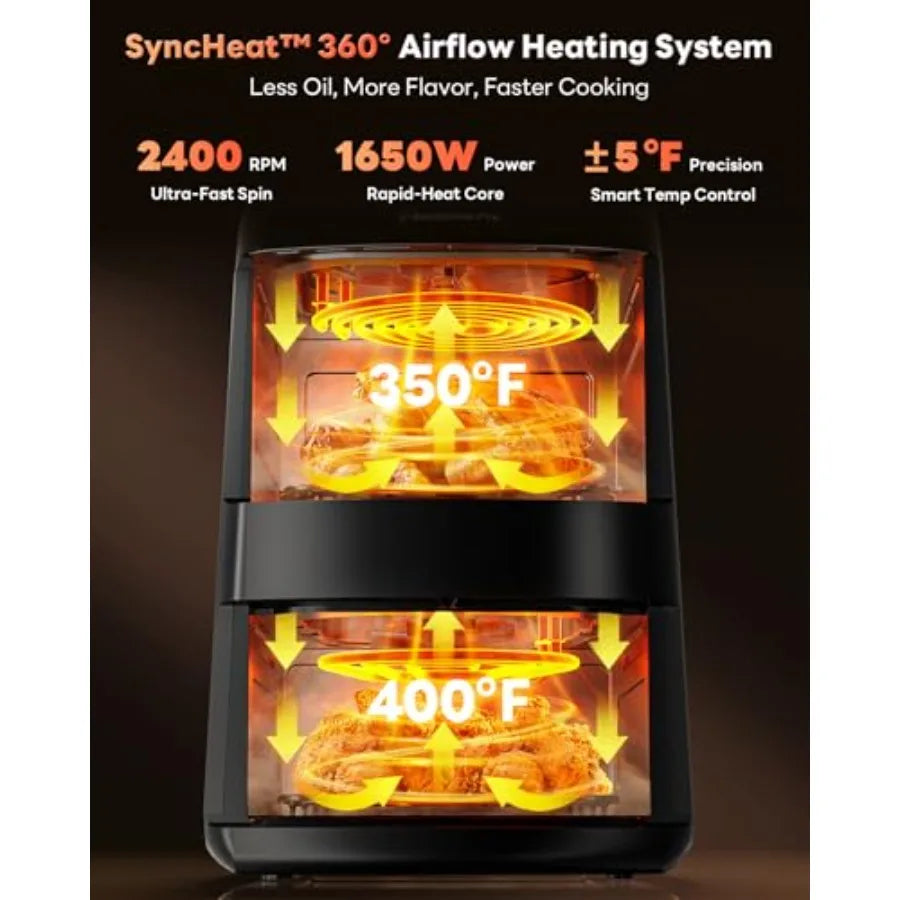 Family-size dual air fryer for kitchen use, black aluminum alloy with PFAS-free nonstick coating, even heating and compact stac