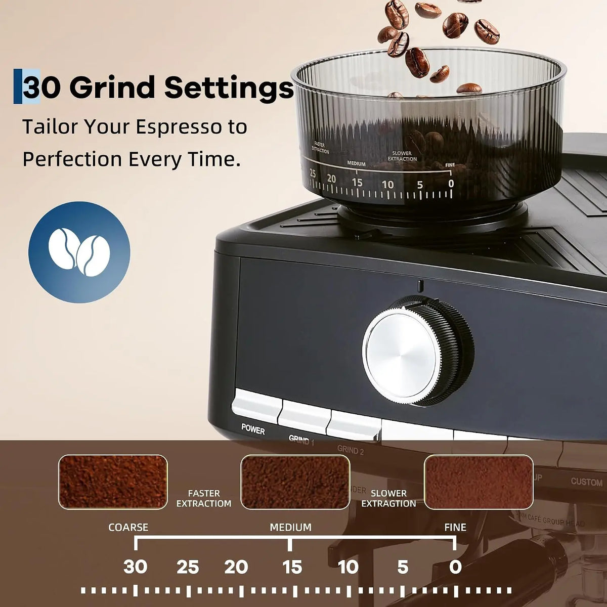 Stainless Steel Espresso Machine with Grinder – 20 Bar, Metal Die-Cast Brew Head, 30 Grind Settings, Integrated Boiler & Steam Wand, 1.5L Removable Tank
