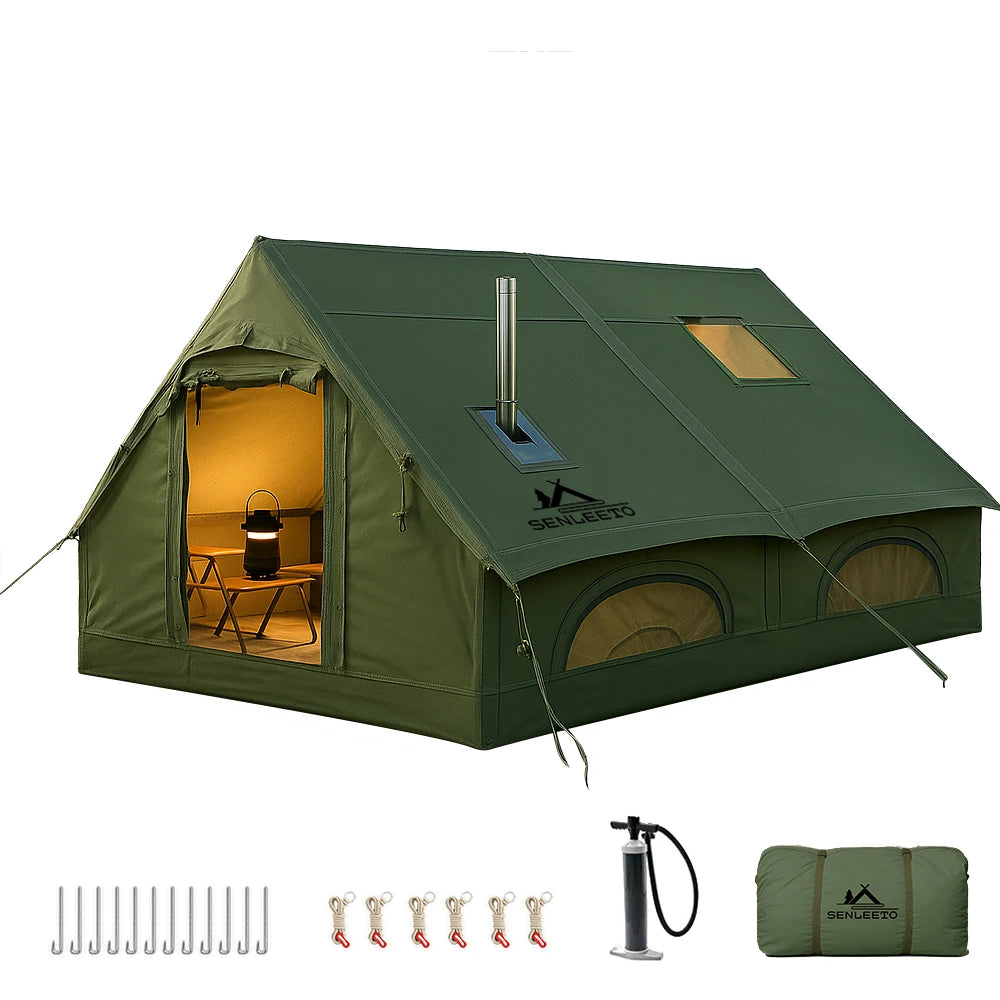 SENLEETO 129 Square Feet Inflatable Glamping Tent 4-8 Person for Camping,4 Season Blow up Tent with Stove Jack&AC Vent,Easy Setup Air Tent with High Pressure Pump