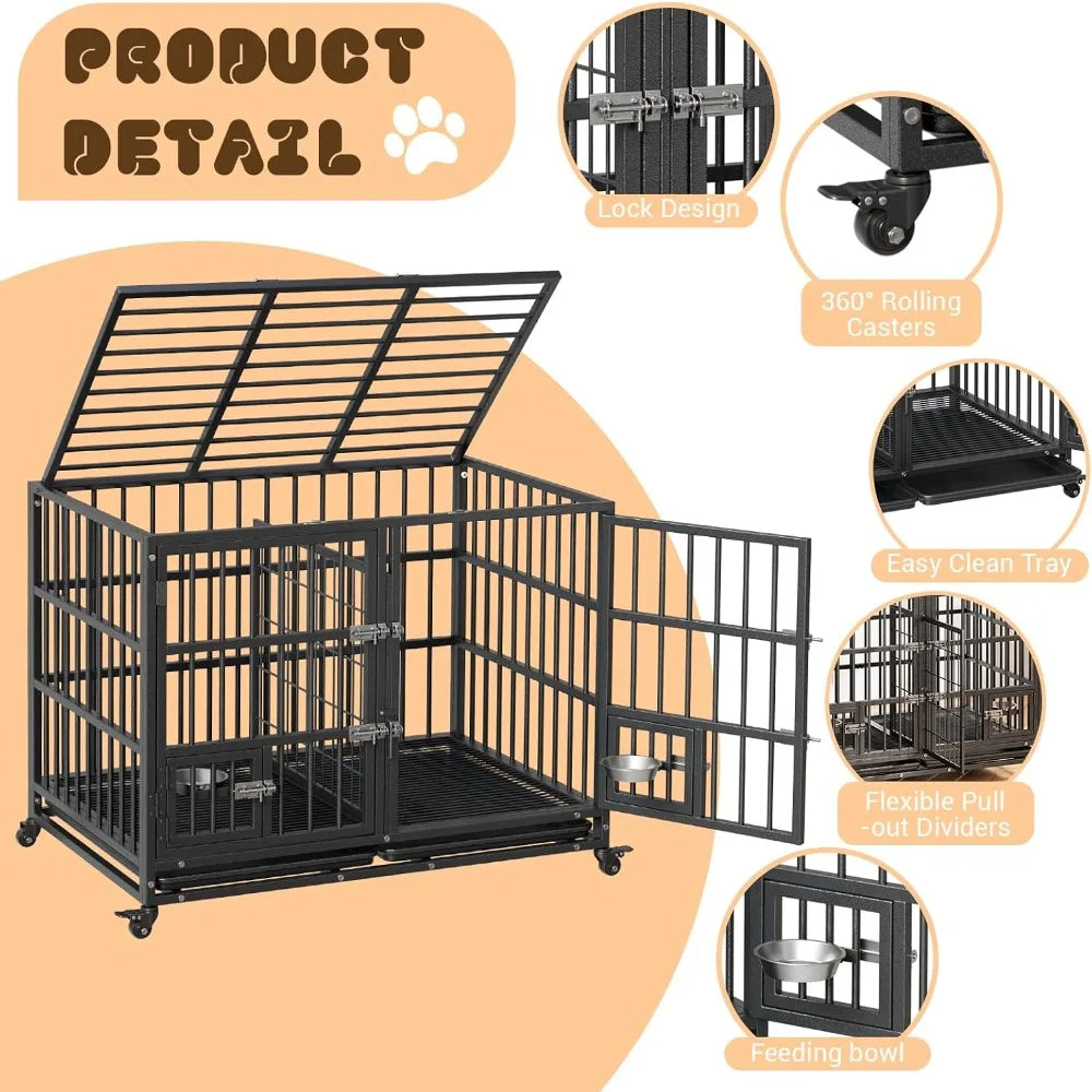Metal Heavy Duty Dog Crate for Dogs Large Dog Cage with Removable Tray Easy Assemble Dog Kennel with Double-Latch Locks