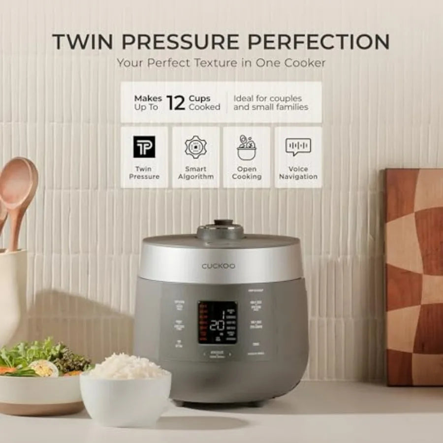 Twin Pressure Rice Cooker 6-Cup Uncooked / 12-Cup Cooked with Nonstick Inner Pot, Versatile Rice Maker & Warmer with 16 Menu Options, Open Cooking Mode, Voice Guide