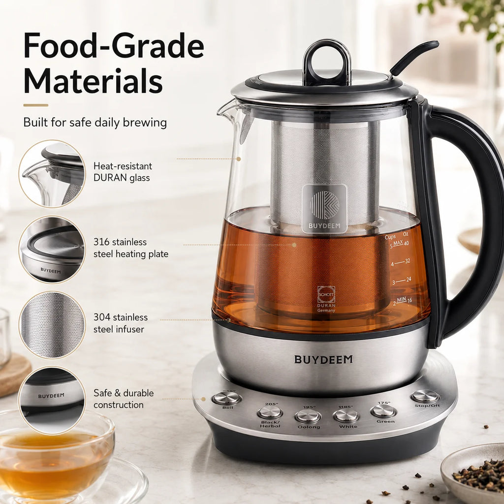 BUYDEEM Tea Maker Electric Kettle, 1.2L Glass Tea Kettle with Removable Infuser, 5 Temperature Settings, 316 Stainless Steel Heating Plate, Auto Keep Warm, Boil Dry Protection for Green Black Herbal Tea