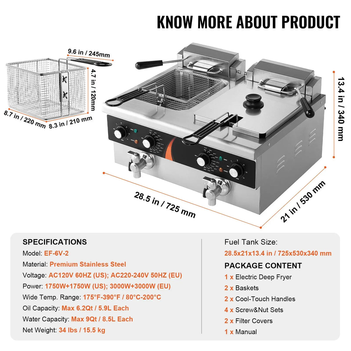 Commercial Deep Fryer 3500W, Dual Tank Electric Countertop Fryer, 2 x 9Qt / 8.5L Double Oil Fryer with 2 Baskets, 1mm Thickened Stainless Steel, Time & Temp Control, for Kitchen Restaurant Use