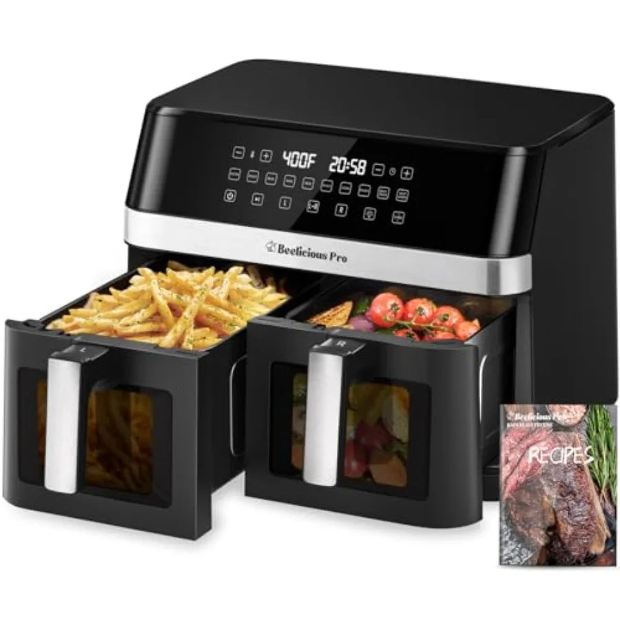 Kitchen dual-zone air fryer with nonstick black baskets, 12QT capacity, 10-in-1 functionality, touchscreen control, SyncCook, v