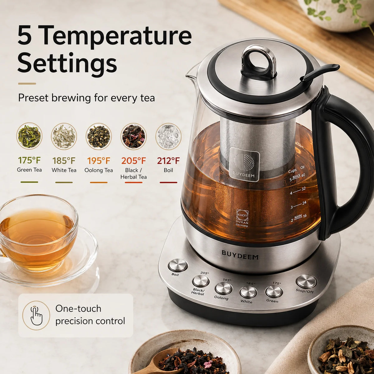 BUYDEEM Tea Maker Electric Kettle, 1.2L Glass Tea Kettle with Removable Infuser, 5 Temperature Settings, 316 Stainless Steel Heating Plate, Auto Keep Warm, Boil Dry Protection for Green Black Herbal Tea