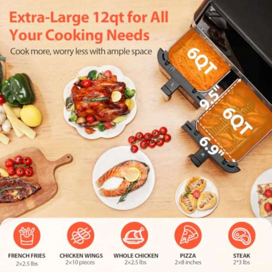 Kitchen dual-zone air fryer with nonstick black baskets, 12QT capacity, 10-in-1 functionality, touchscreen control, SyncCook, v