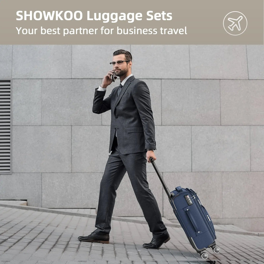 SHOWKOO Luggage Sets 3 Piece Softside Expandable Durable Suitcase Sets Durable Oxford Fabric, Lightweight, 360°Double Spinner Wheels, TSA Lock, YKK Zippers, Blue (20in/24in/28in)