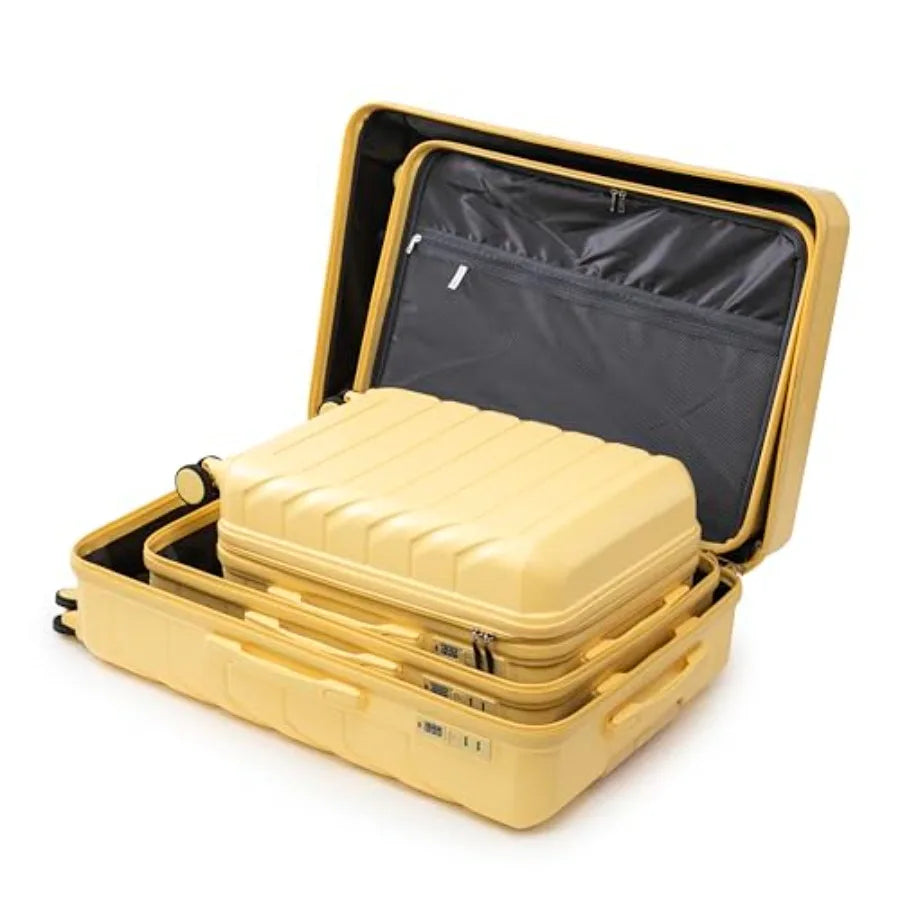 Travel luggage set: ABS hardshell, black, lightweight durable with double spinner wheels, 20/24/28 inch carry-on suitcases for