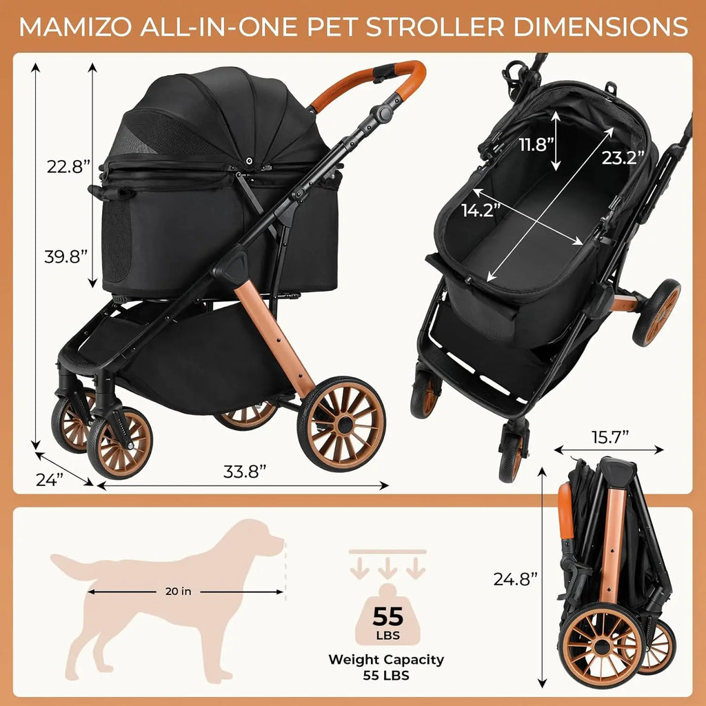Foldable Dog Stroller for Medium Small Dogs Cats Up to 55 Lbs(25kg), Aluminum,Carbon Steel Frame Pet Stroller, Height-Adjustable