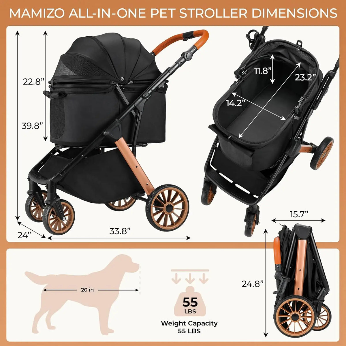 Foldable Dog Stroller for Medium Small Dogs Cats Up to 55 Lbs(25kg), Aluminum,Carbon Steel Frame Pet Stroller, Height-Adjustable