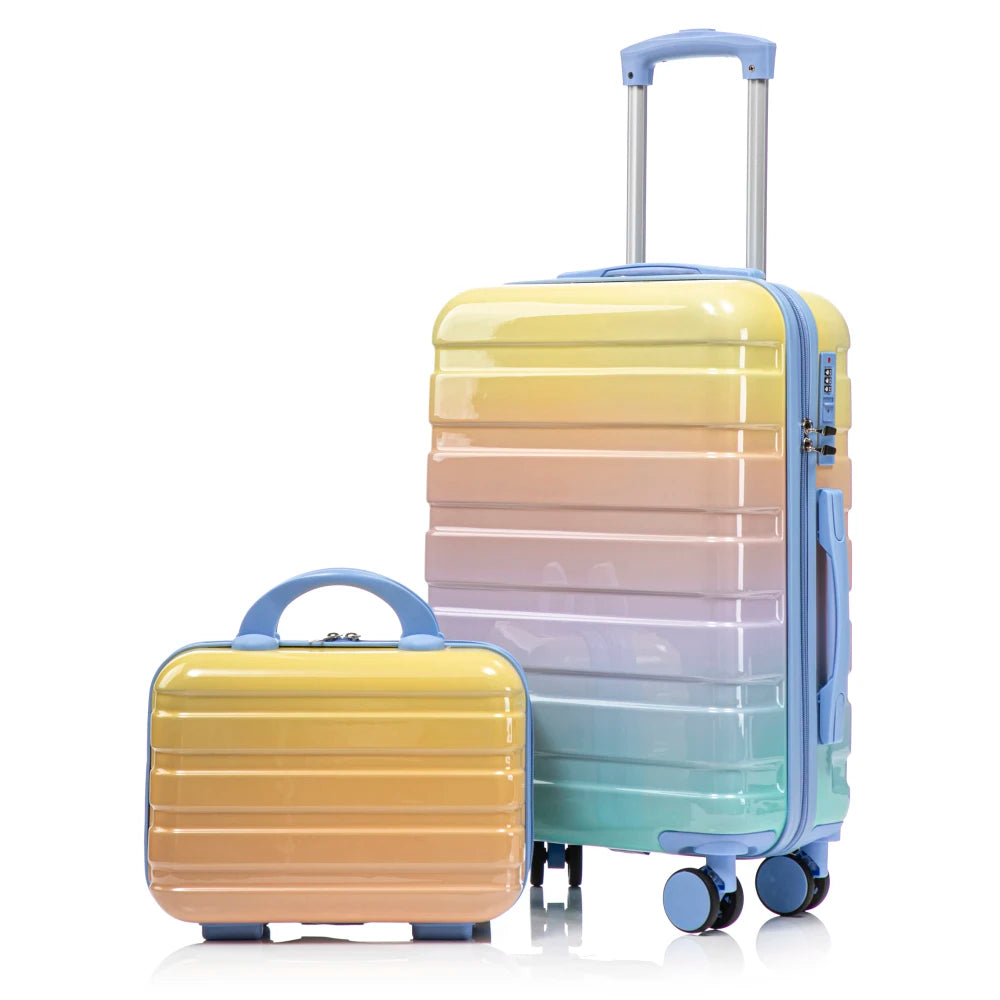 14"/20" 2 Pcs/set in PC Spinner Wheel Luggage, Carry on Suitcase, With Gradient Color and Combination Lock(Navy+Light Blue)