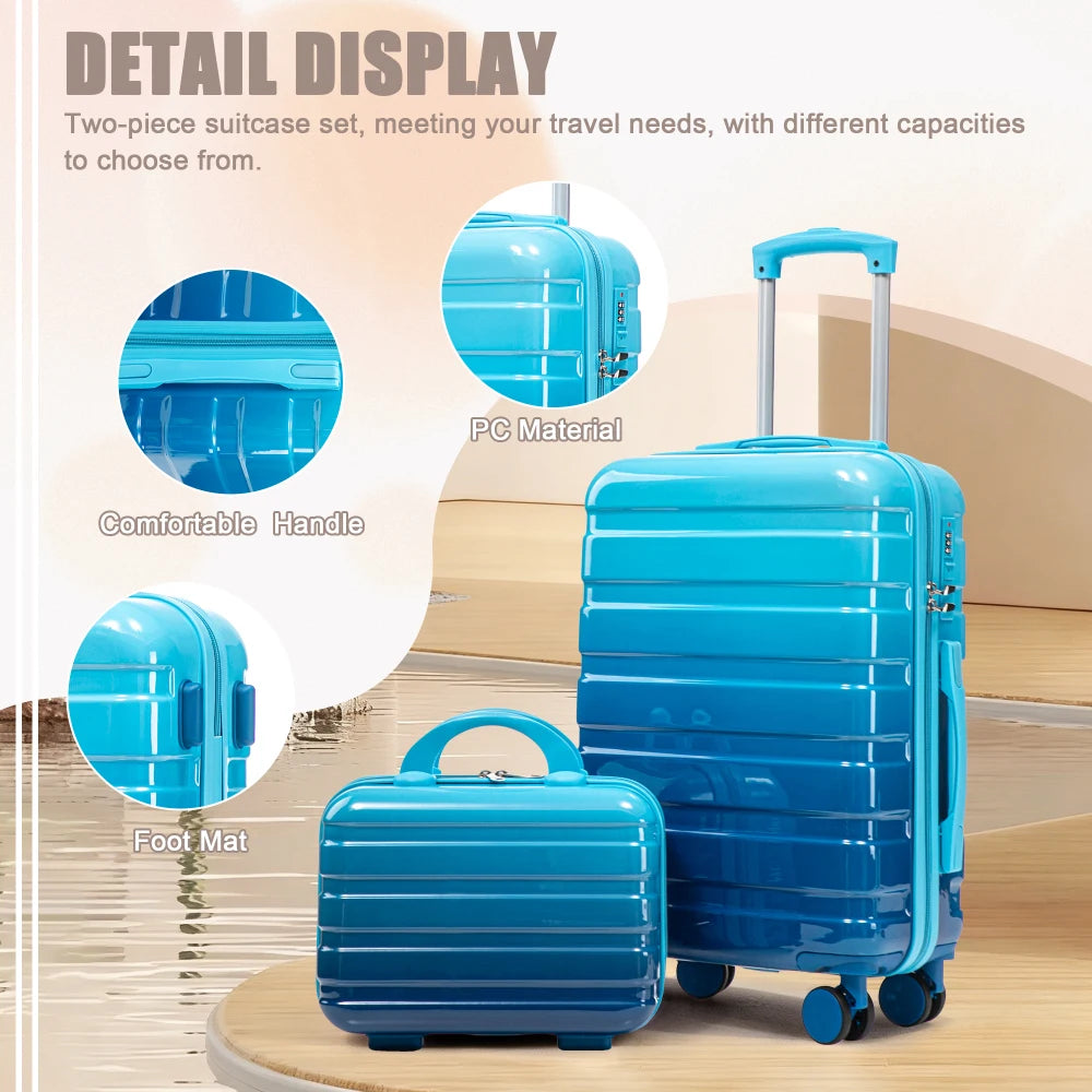 14"/20" 2 Pcs/set in PC Spinner Wheel Luggage, Carry on Suitcase, With Gradient Color and Combination Lock(Navy+Light Blue)