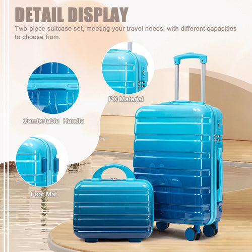 14"/20" 2 Pcs/set in PC Spinner Wheel Luggage, Carry on Suitcase, With Gradient Color and Combination Lock(Navy+Light Blue)