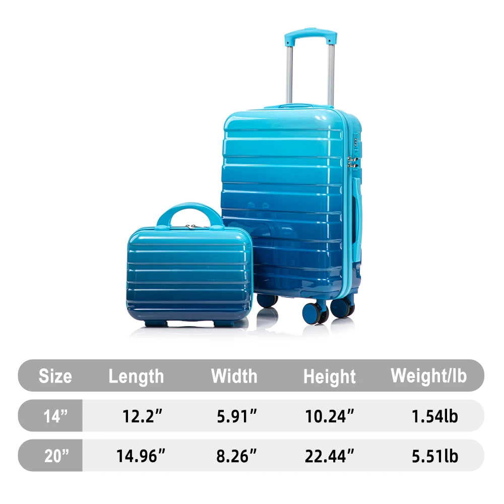 14"/20" 2 Pcs/set in PC Spinner Wheel Luggage, Carry on Suitcase, With Gradient Color and Combination Lock(Navy+Light Blue)