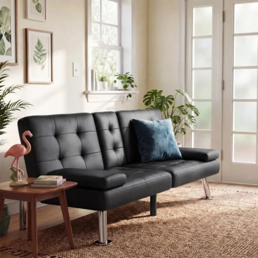 Leather Futon Sofa Bed for Living Room, Brown Genuine Leather, Adjustable Backrest and Seat with Modern Minimalist Design