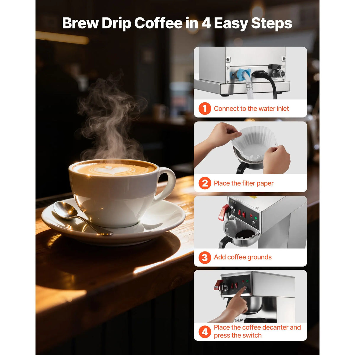 Commercial Drip Coffee Maker, 16-17 Cups Machine with 2.5 L Thermal Carafe, Keep Warm for 4 Hours, Stainless Steel Brewer with Auto Water Filling, for Restaurant, Office, Coffee Shop & Home