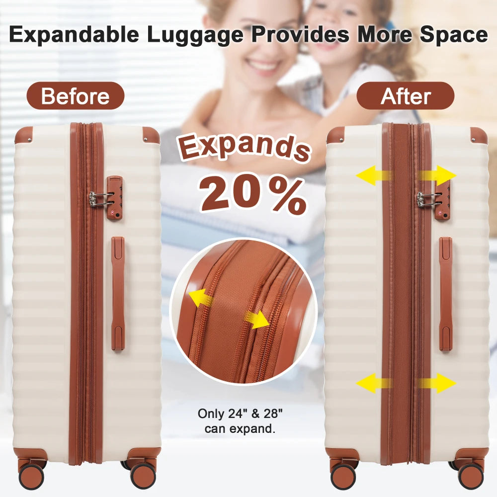 Luggage Sets 5 Piece with Front Opening , Hardside Expandable Carry on Suitcase with Spinner Wheels TSA Lock USB Port Cup Holder Duffel Bag and Toiletry Bag Brown+White + ABS