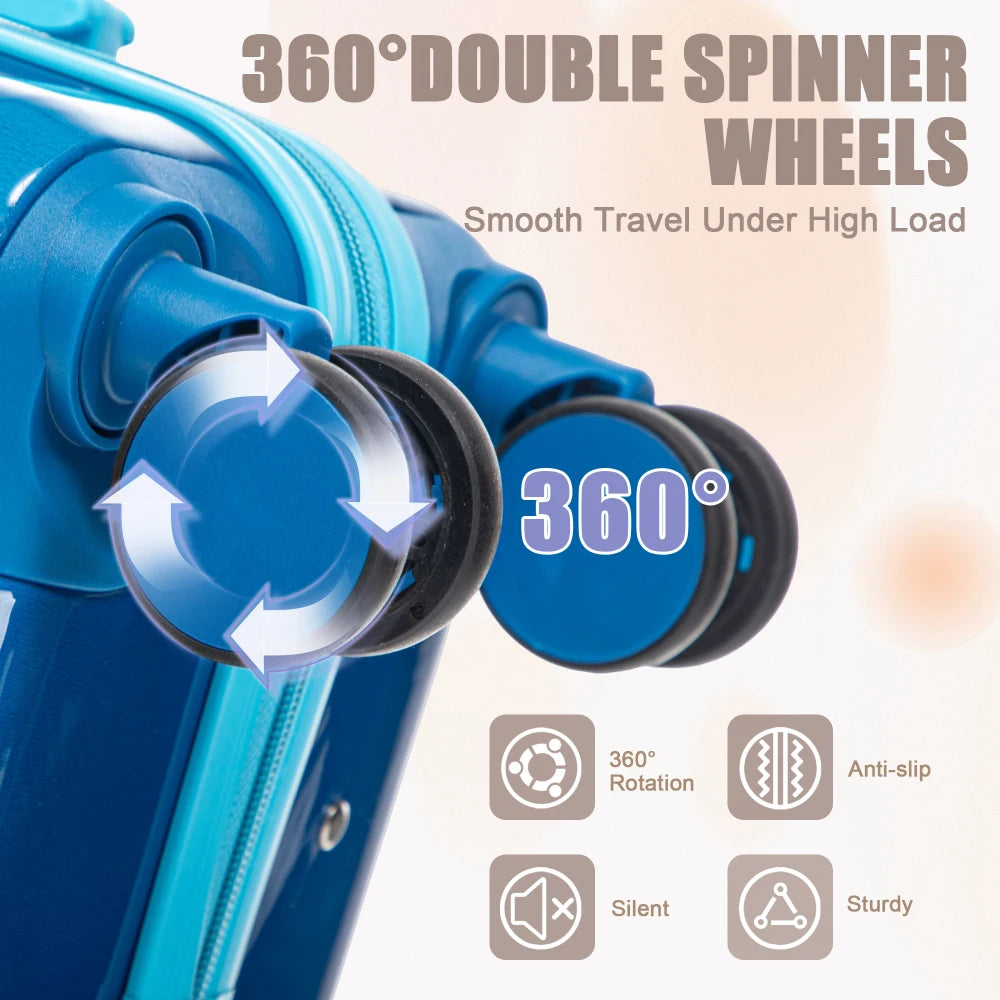 14"/20" 2 Pcs/set in PC Spinner Wheel Luggage, Carry on Suitcase, With Gradient Color and Combination Lock(Navy+Light Blue)