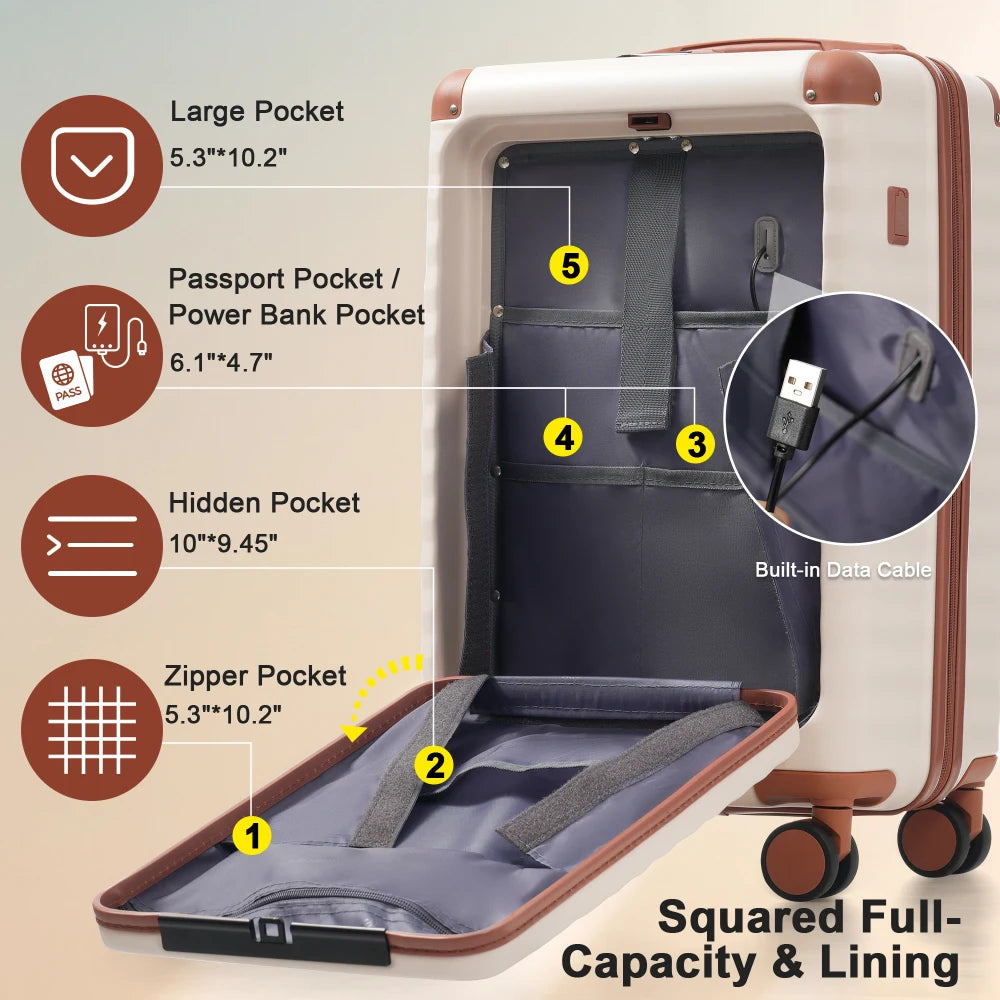 Luggage Sets 5 Piece with Front Opening , Hardside Expandable Carry on Suitcase with Spinner Wheels TSA Lock USB Port Cup Holder Duffel Bag and Toiletry Bag Brown+White + ABS