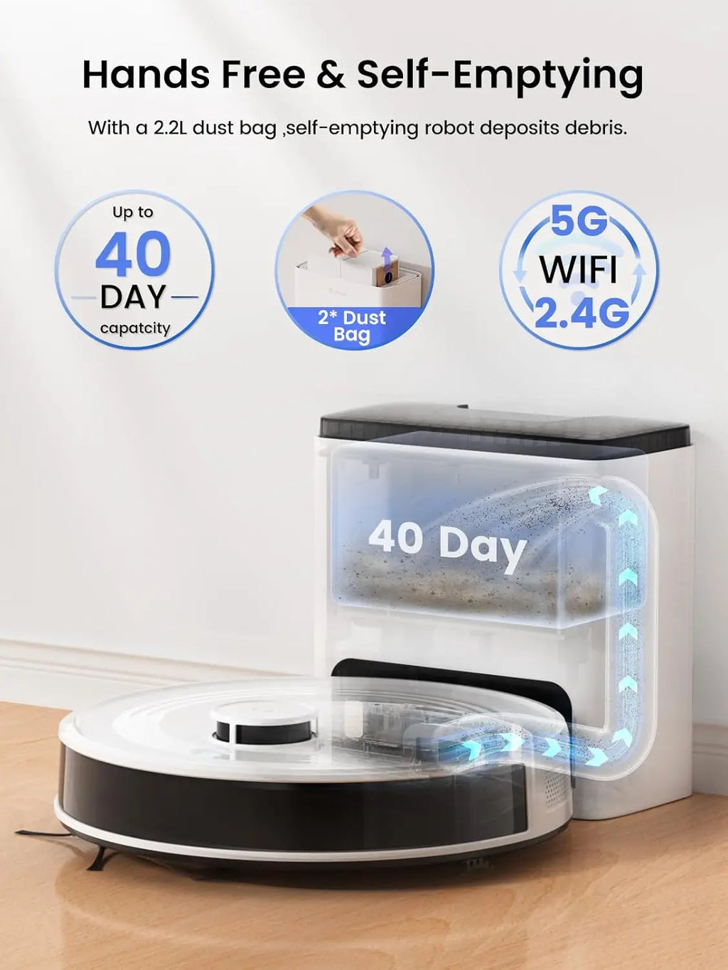 Lefant   M2L Plus Robot Vacuum and Mop, 75-Day Self-Emptying, 6000Pa Strong Suction, Customized Cleaning, Multi-Floor Mapping, 130 Min Runtime, 2.4G/5G WiFi/Alexa/APP/iWatch