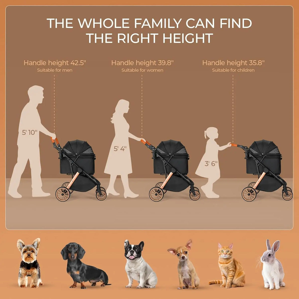 Foldable Dog Stroller for Medium Small Dogs Cats Up to 55 Lbs(25kg), Aluminum,Carbon Steel Frame Pet Stroller, Height-Adjustable