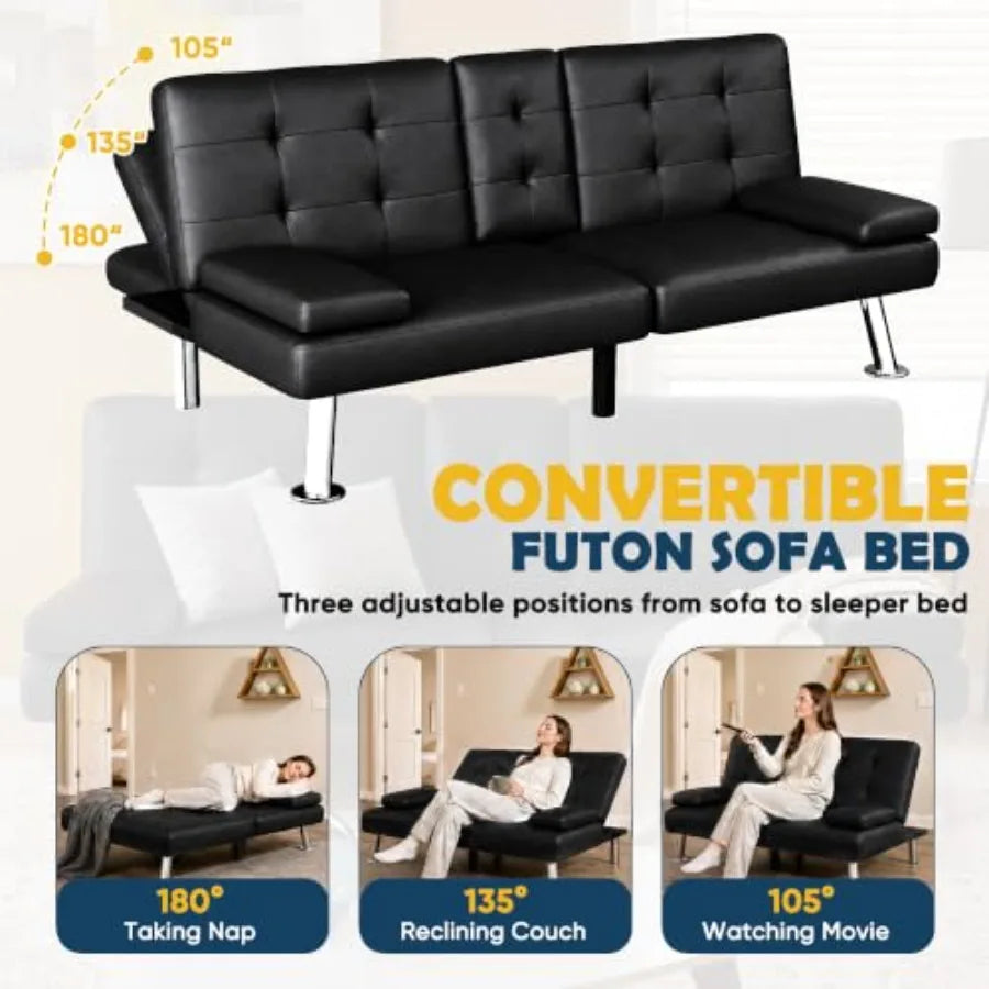 Leather Futon Sofa Bed for Living Room, Brown Genuine Leather, Adjustable Backrest and Seat with Modern Minimalist Design