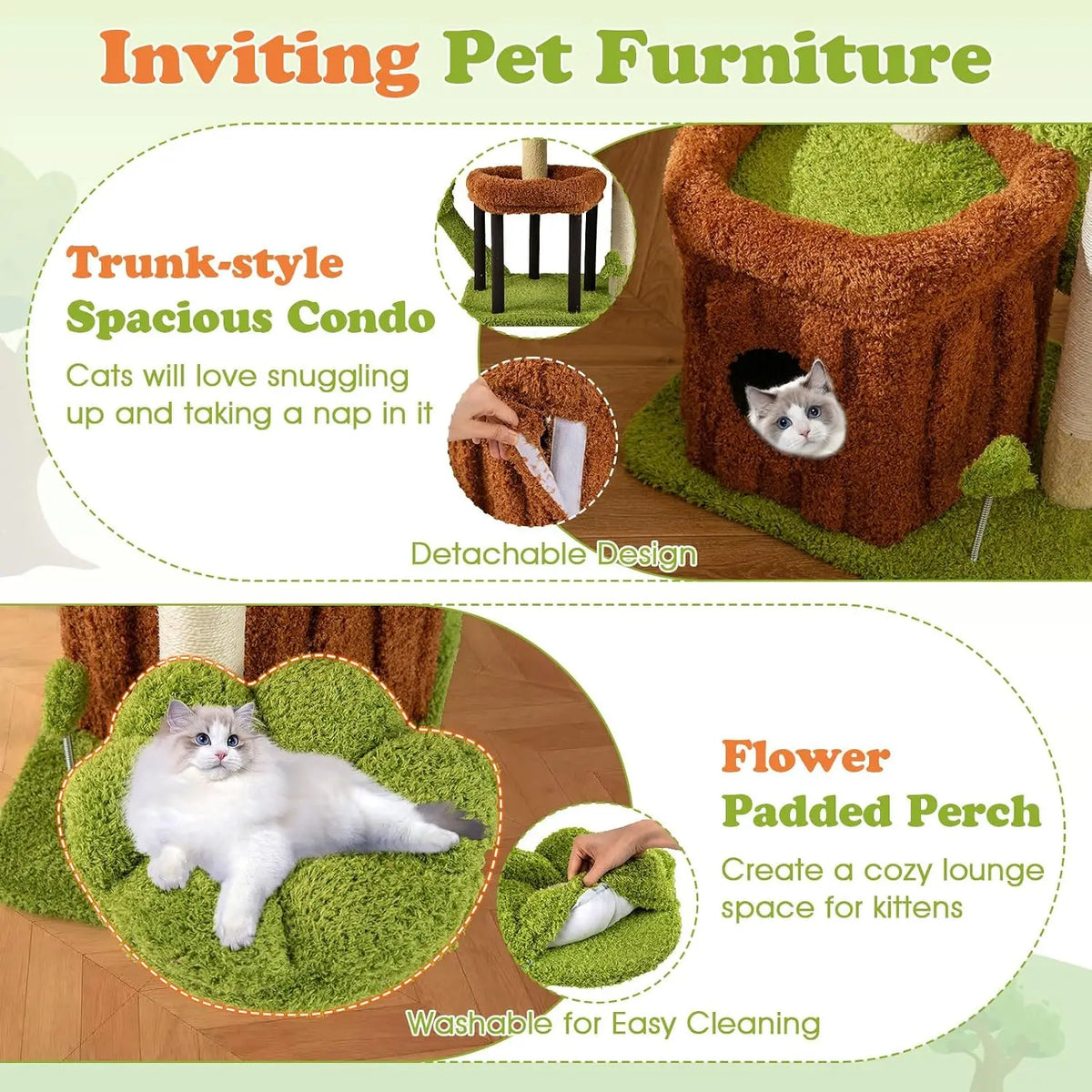 Cute Cat Tree Green Forest, 36 Inch Aesthetic Cat Tower with Sisal Scratching Posts & Board, Trunk Condo, Flower Perch, Plush Napping Bed, Pompom, Spring Toy, Platforms for Indoor Cats