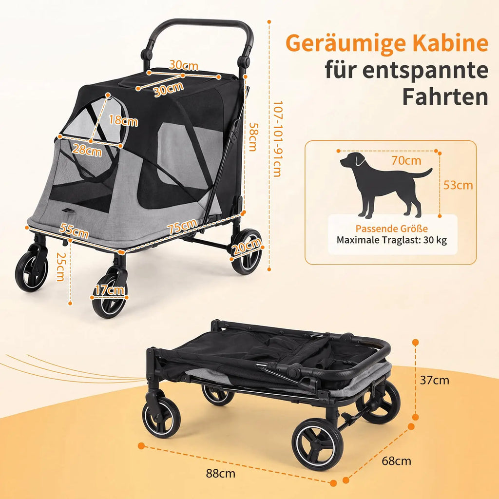 Pet Stroller for Medium & Large Dog, Foldable Dog Stroller for 2 Dogs 30kg, All Terrain Dog Wagon Stroller with Dual Entry