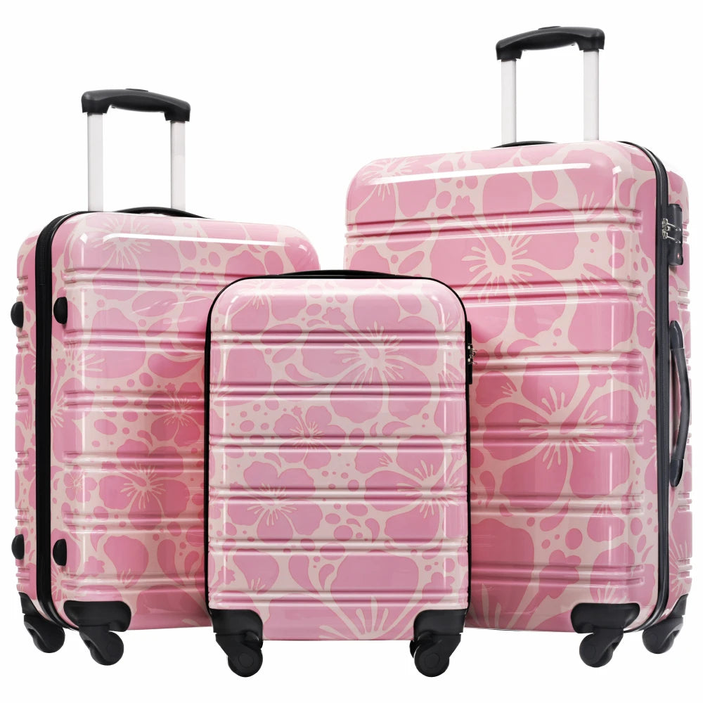 Pink Hardshell Luggage Sets 3 pcs Spinner Suitcase with TSA Lock Lightweight-20"+24"+28" Luggages Flower Pattern
