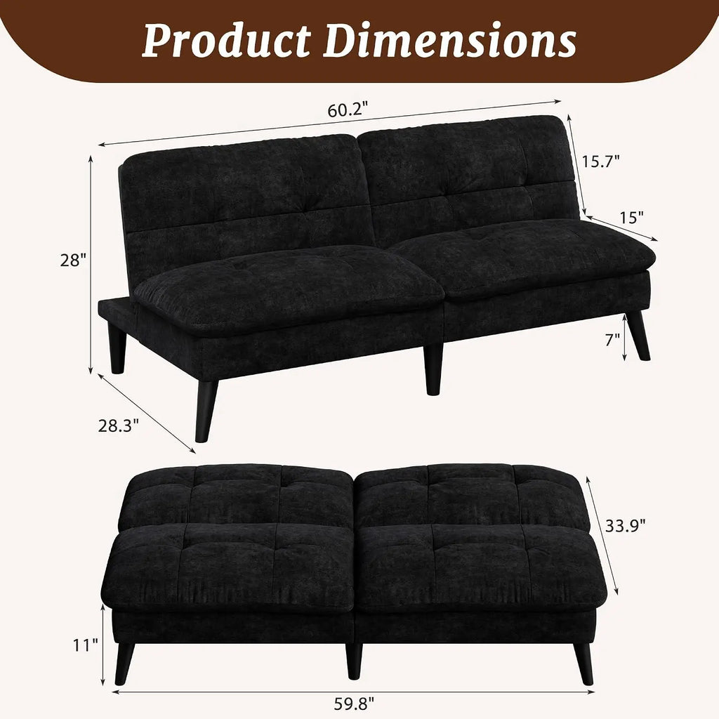 Futon Sofa Bed, Foldable Small Velvet Couch Bed with Adjustable Recliner, Space Saving 2 in 1 Sofa for Living Room, Apartment, or Guest Room, Black