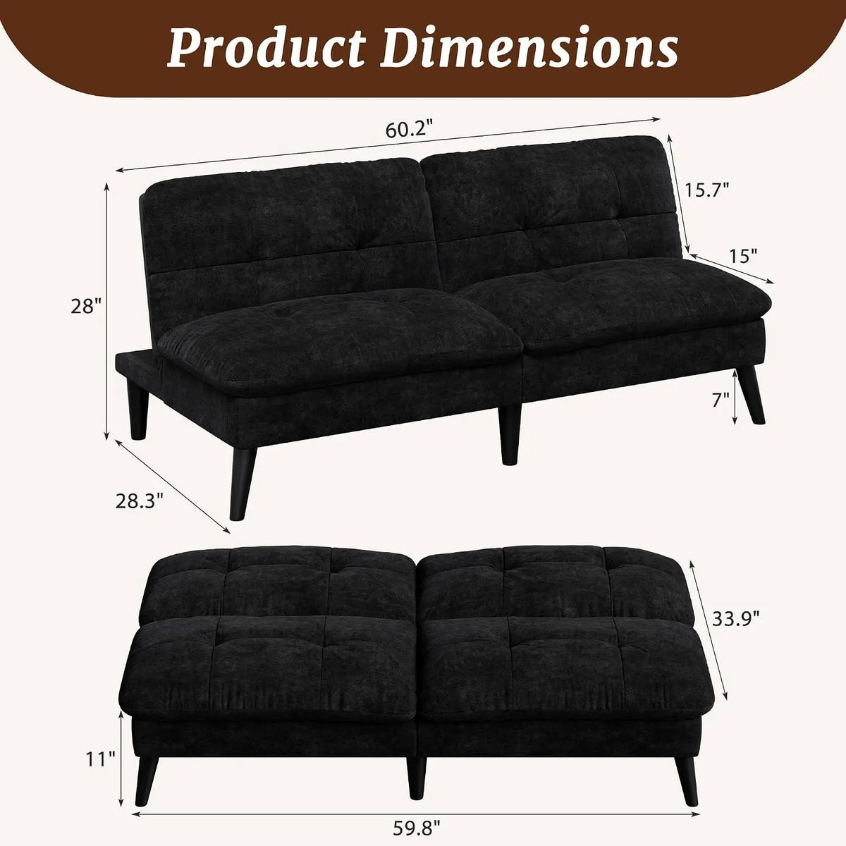 Futon Sofa Bed, Foldable Small Velvet Couch Bed with Adjustable Recliner, Space Saving 2 in 1 Sofa for Living Room, Apartment, or Guest Room, Black