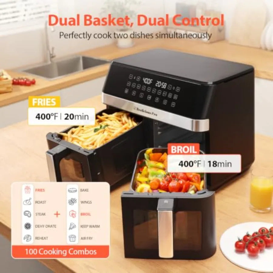 Kitchen dual-zone air fryer with nonstick black baskets, 12QT capacity, 10-in-1 functionality, touchscreen control, SyncCook, v