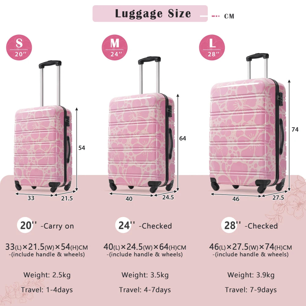 Pink Hardshell Luggage Sets 3 pcs Spinner Suitcase with TSA Lock Lightweight-20"+24"+28" Luggages Flower Pattern