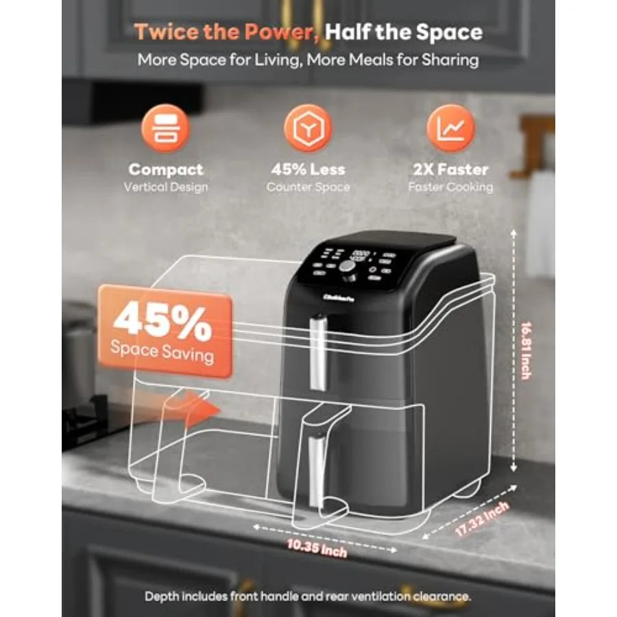 Family-size dual air fryer for kitchen use, black aluminum alloy with PFAS-free nonstick coating, even heating and compact stac