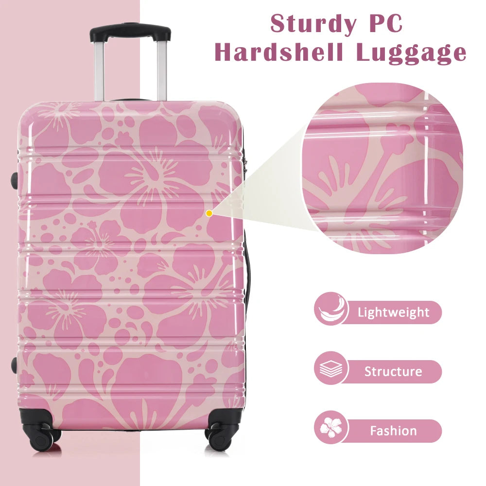 Pink Hardshell Luggage Sets 3 pcs Spinner Suitcase with TSA Lock Lightweight-20"+24"+28" Luggages Flower Pattern