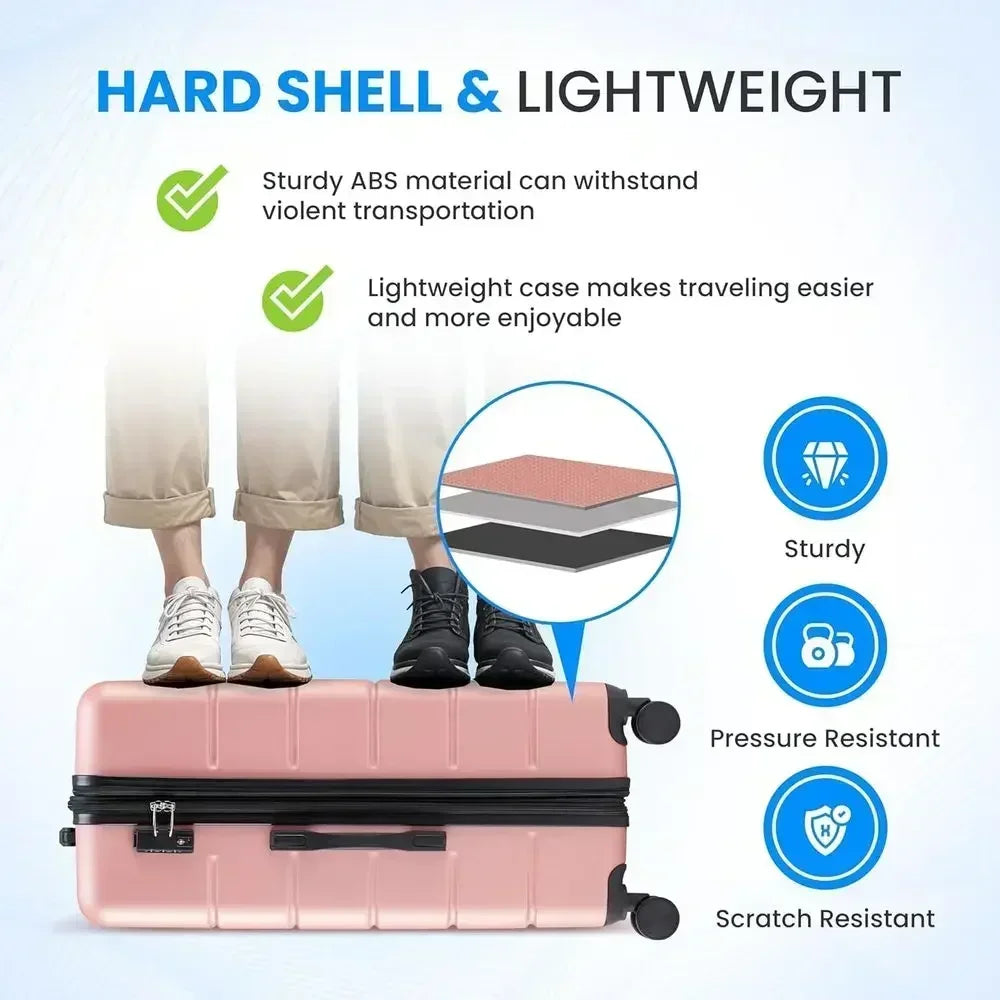 3-Piece Large Suitcase Set with Double Spinner Wheels, TSA Lock, Expandable Hard Shell Luggage in Pink